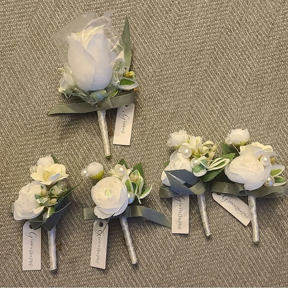 Elegant White Faux Floral Boutonniere Set of 5 (4 groomsmen and one groom)